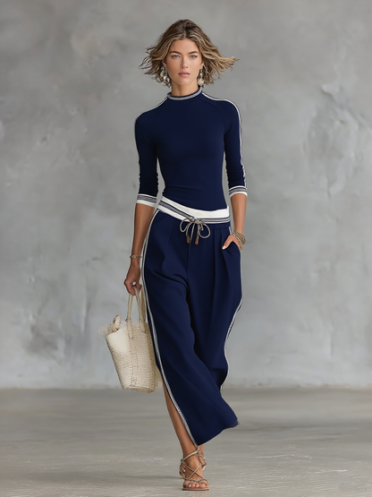 Conjunto de dos piezas para mujer: Camiseta de Cuello Medio y Manga Larga y Pantalones Anchos con Cordón.