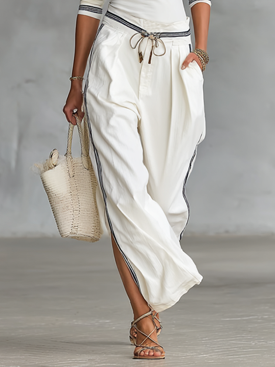 Conjunto de dos piezas para mujer: Camiseta de Cuello Medio y Manga Larga y Pantalones Anchos con Cordón.