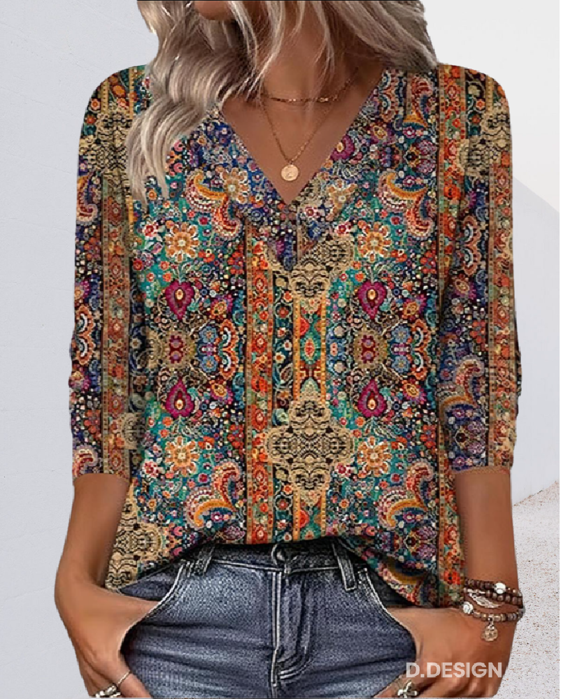 Coralina - Blusa Vintage con Cuello en V y Estampado Retro