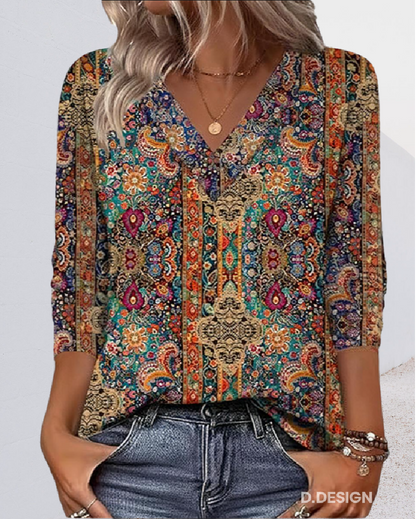 Coralina - Blusa Vintage con Cuello en V y Estampado Retro
