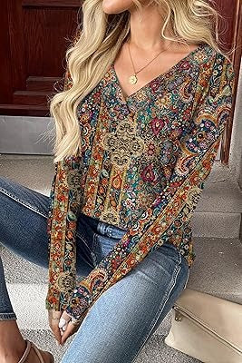 Coralina - Blusa Vintage con Cuello en V y Estampado Retro