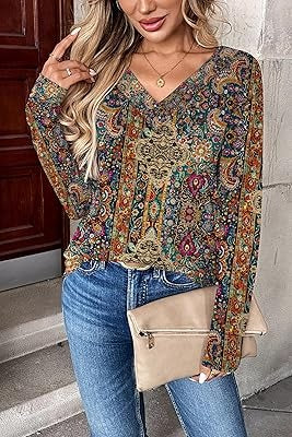 Coralina - Blusa Vintage con Cuello en V y Estampado Retro